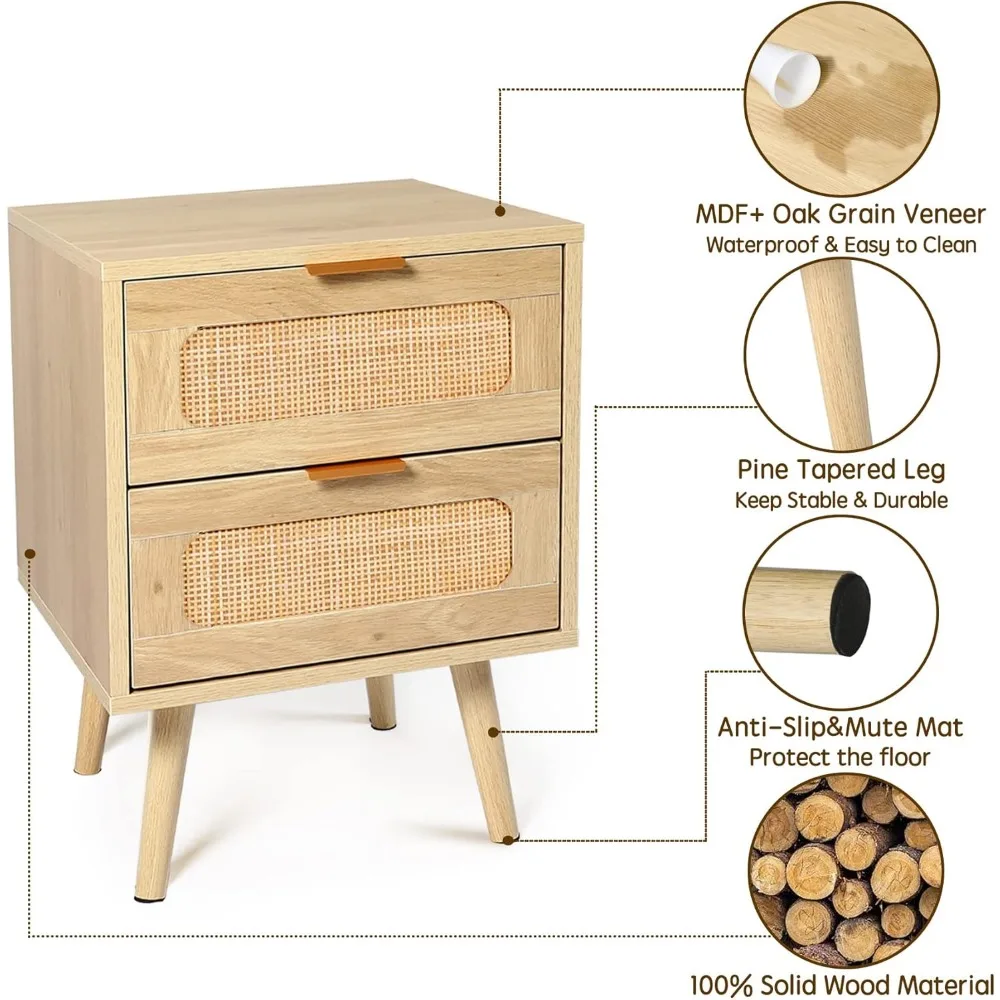 مجموعة منضدة بأدراج الروطان الحديثة، طاولات بجانب السرير خشبية مكونة من قطعتين لغرف النوم، طاولات جانبية أنيقة ذات درجين
