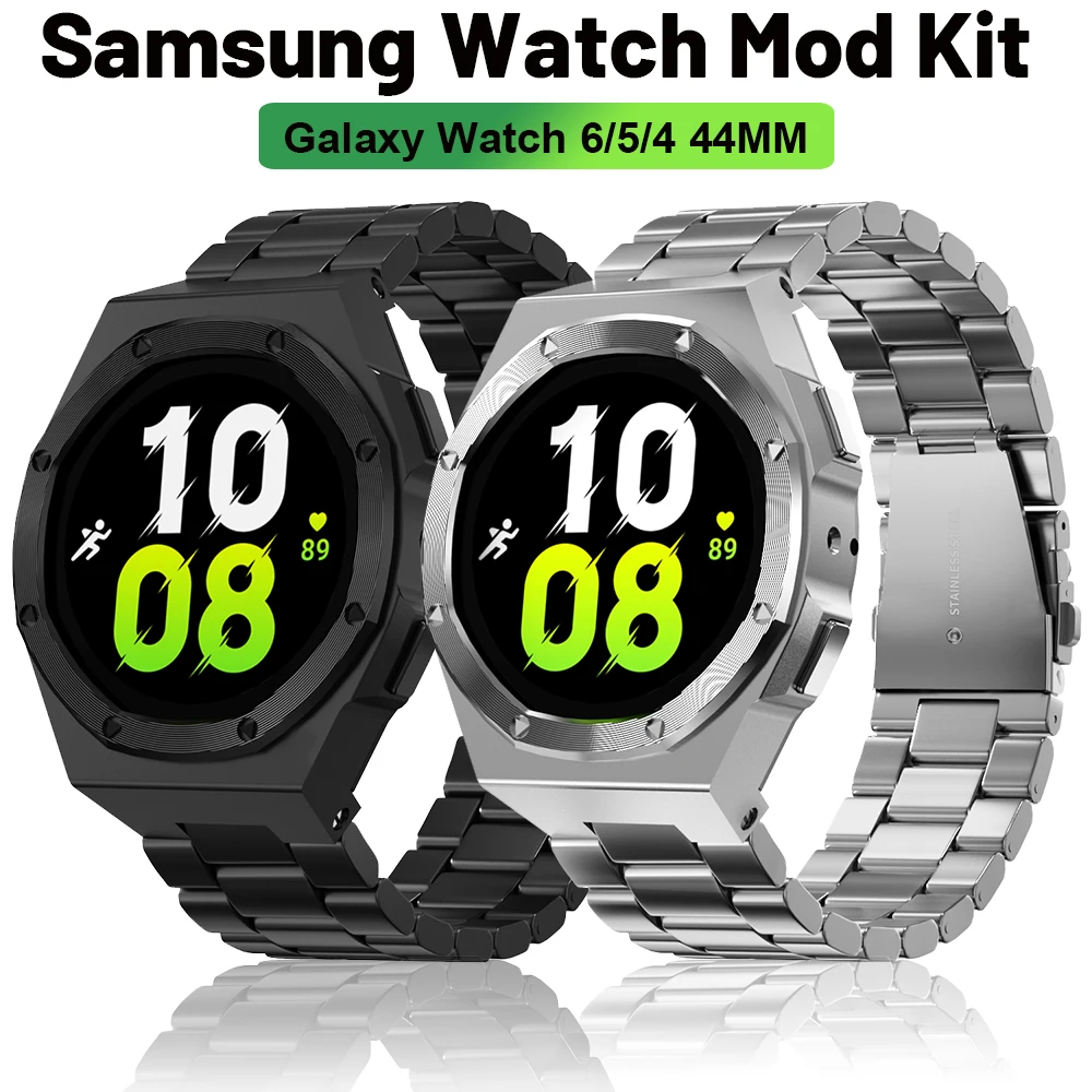 Stainless Steel Modification Kit For Samsung Galaxy Watch 4/5/6 44mm Sport Rubber Strap For Watch 6 44mm Metal Band Accessories