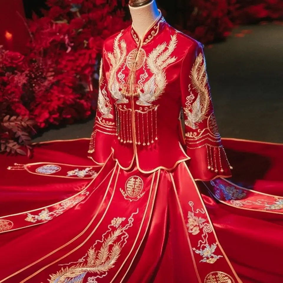 Yourqipao Heavy Beaded Xiuhe Clothing Women Chinese Wedding Dresses Dragon and Phoenix Bridal Gown Ancient Sets Large Size Bride