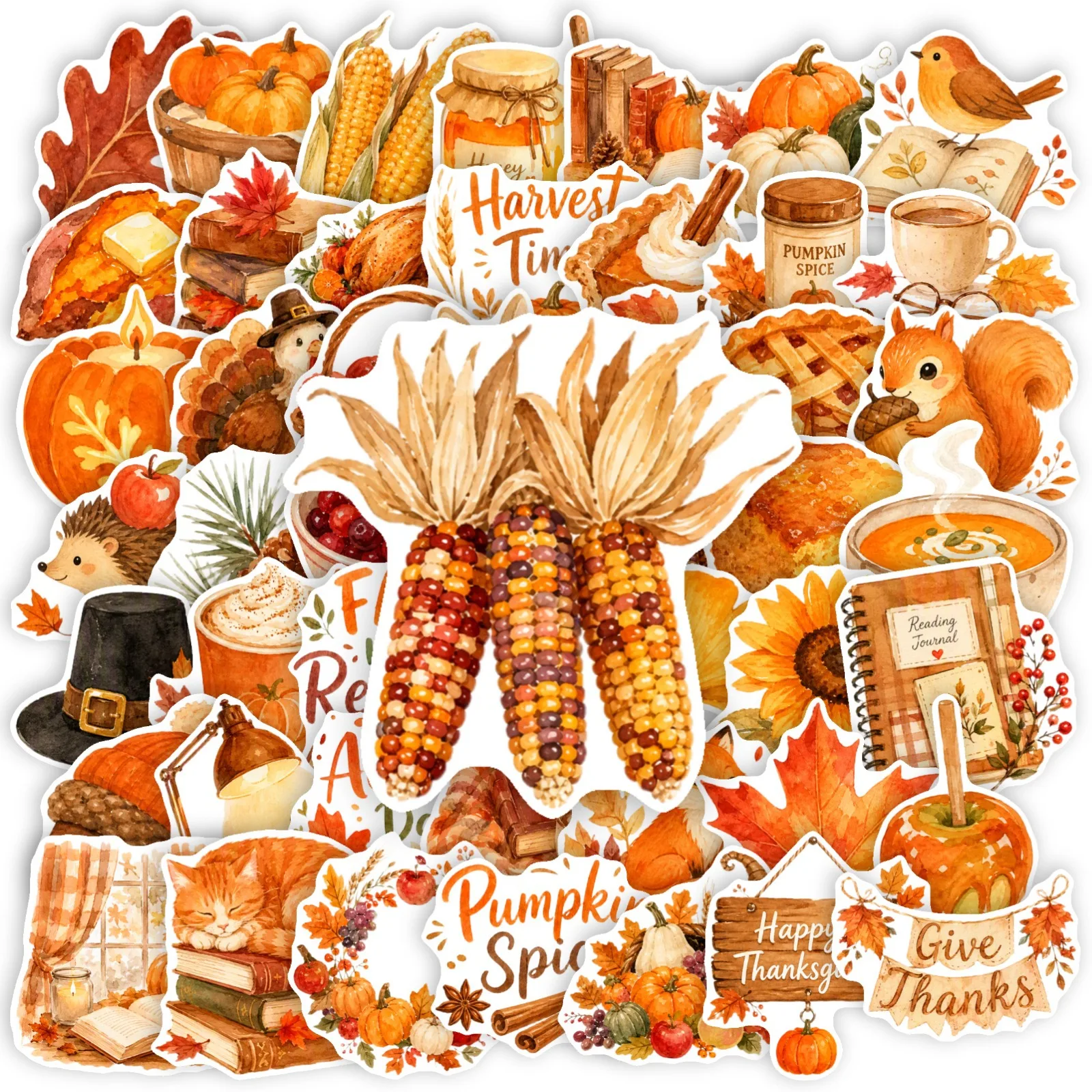 50Pcs Autumn Harvest Watercolor Cartoon Stickers Pumpkin Maple Leaf Vinyl Decals for Card Scrapbook Phone Stationery Decor