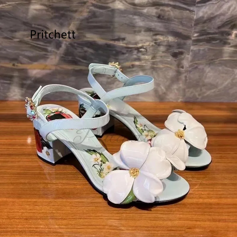 

Bohemian Prints Chunky Heels Women's Sandals Rhinestone Flower Summer Open Toe Vacation Beach Shoes Buckle Strap 6/10Cm Sandals