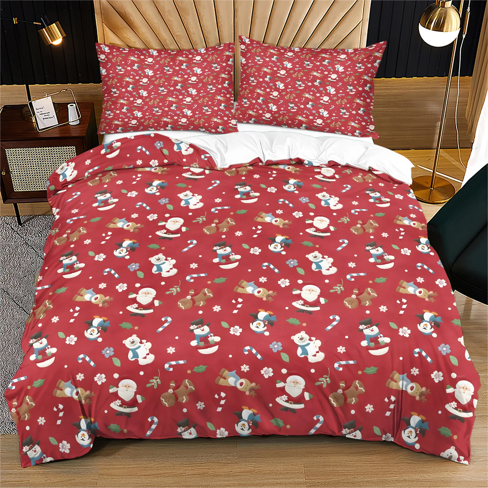Red Christmas Cartoon Duvet Cover Set Santa Snowman Penguin Reindeer Gingerbread Man Candy Cane Xmas Quilt Cover With Pillowcase