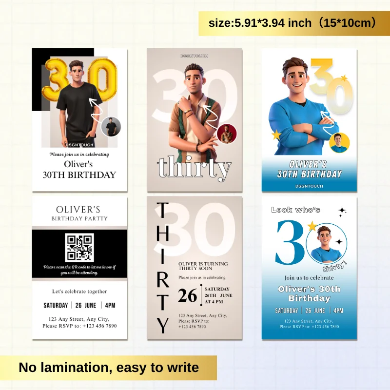 30th Birthday Invitations 100 pcs Custom Photo Illustration 10x15 cm Card for Him Free Design DSGTNTOUCH Invitation 30