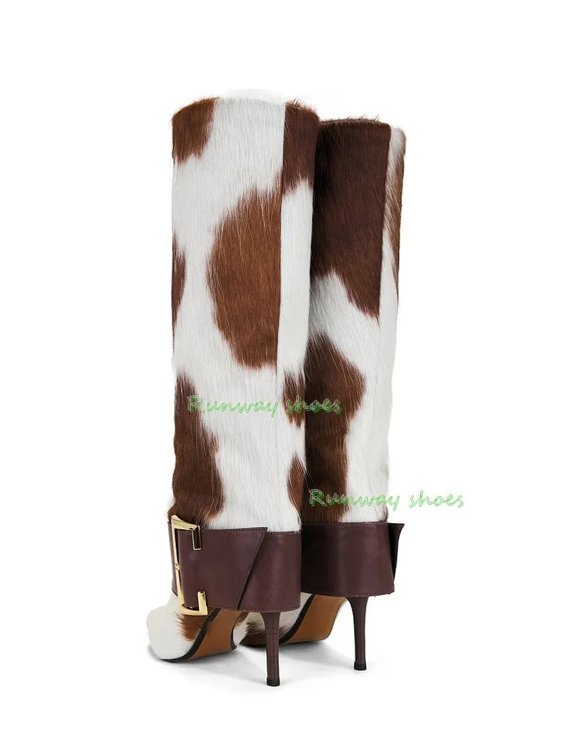 Overknee-Stiefel aus Kunstfell mit Kuhmuster, spitze Stilettos, Western-Cowboystiefel, modische Patchwork-Winterstiefel für Damen für den Nachtclub