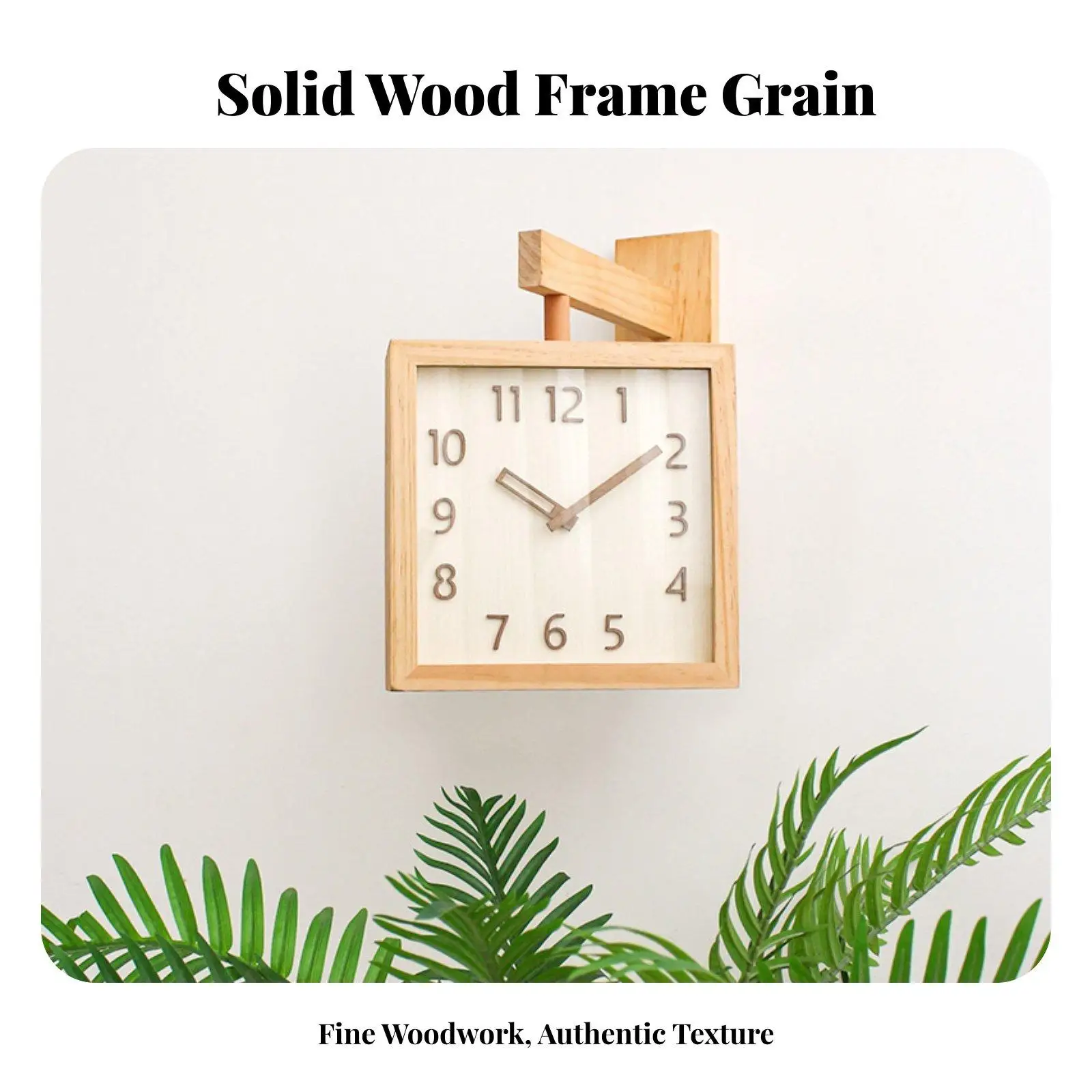 Silent Wooden Corner Wall Clock Two Faced Square Design with Large 3D Numbers for Living Room
