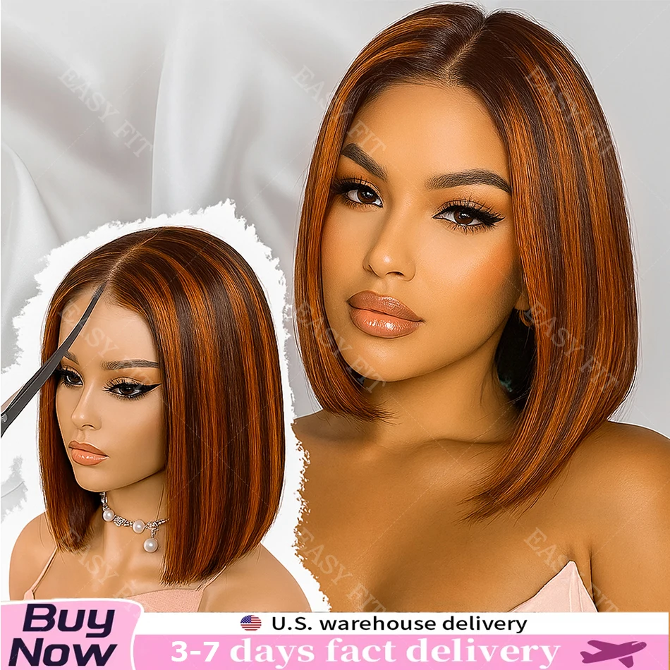 

# 4/350 Omber Ginger With Brown Highlight Bone Прямые короткие парики боб из человеческих волос 13x4 HD Парик фронта шнурка Обновление 5x5 Бесклеевой парик