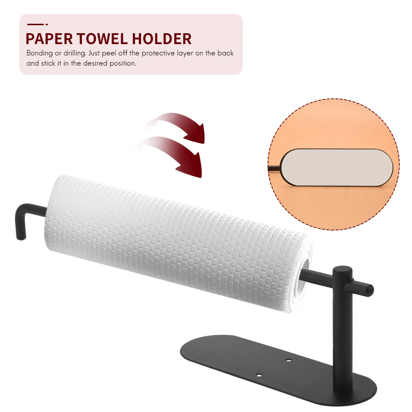 AT44-Paper Towel Holder Under Cabinet Mount For Kitchen Paper Towel, Adhesive Black Paper Towel Roll Holder Stick On Wall