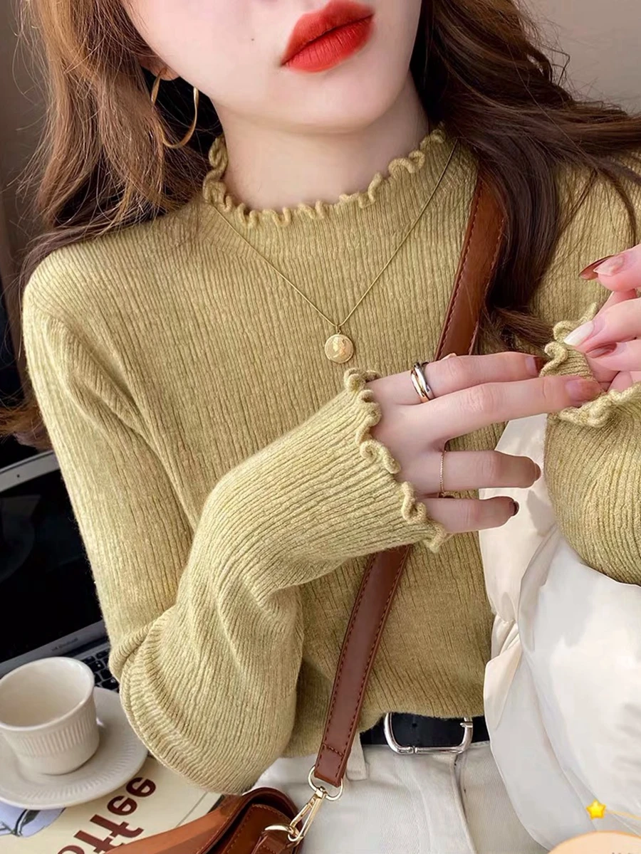 Half High Necked Women's Sweater Autumn Long Sleeved Solid Color Stretch Knitted Sweater Female Casual Bottoming Knitwear