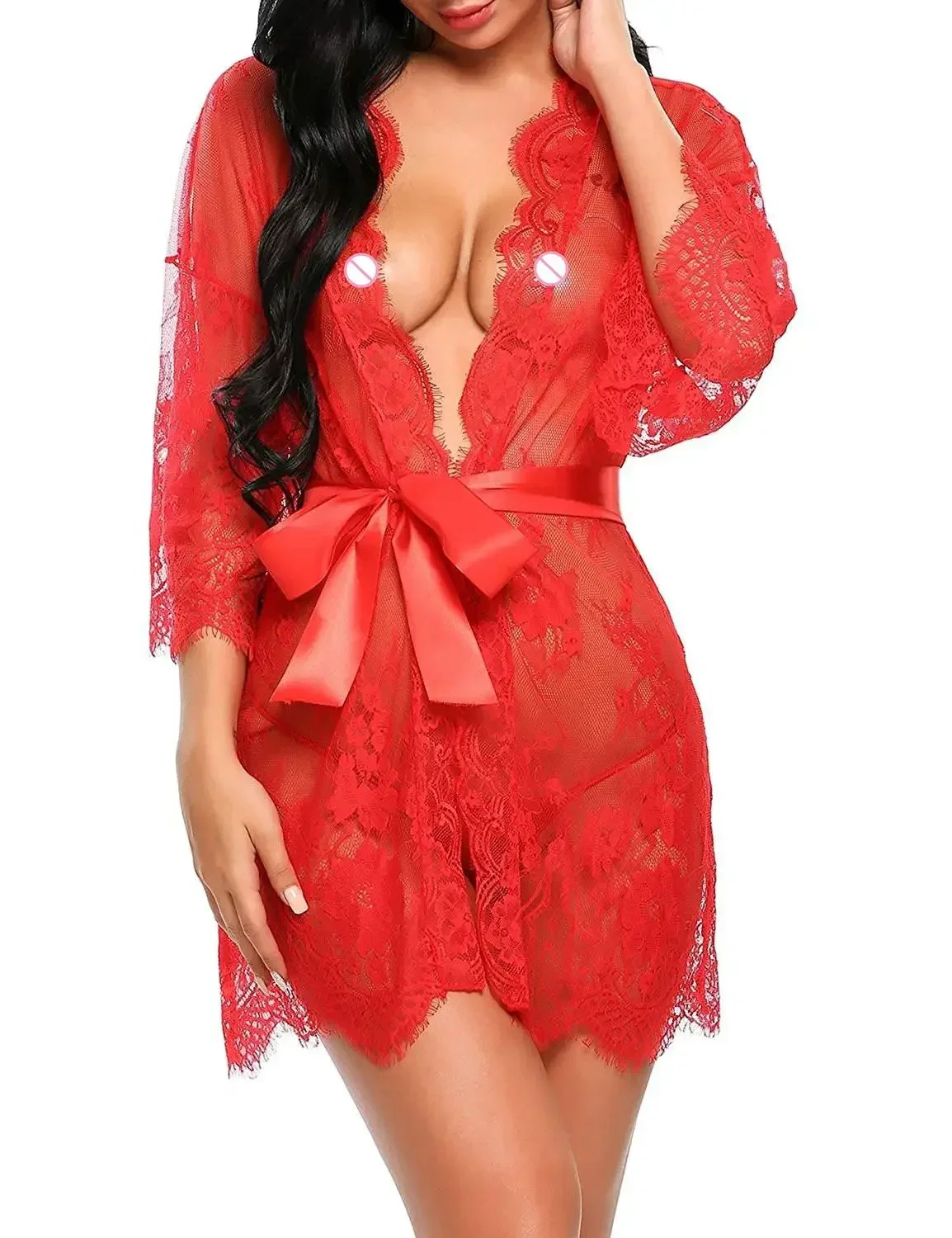 Erotic Transparent V-Neck Nightwear Women Lingerie Babydoll G-string Costume Kimono Robe Lace Sleepwear Sexy Dress