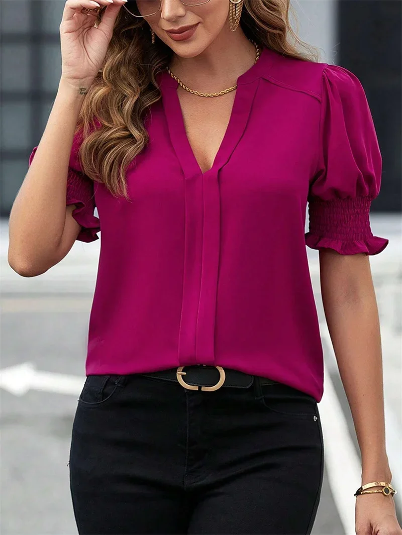 Summer Pleated Bubble Short Sleeve V Neck Pullover Shirt Women New Elegant British Style Blouse Female Commuter Solid Color Tops