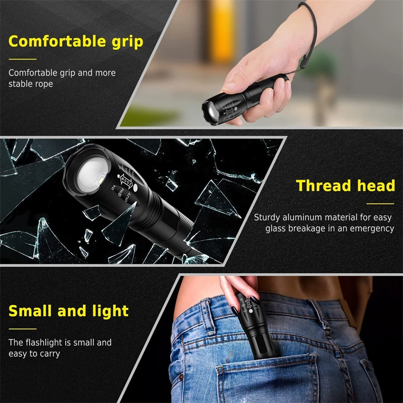 T6 LED Flashlight USB Rechargeable Portable 10000 Lumens 3 Modes Waterproof Zoomable Tactical Flashlight Outdoor Hiking Camping