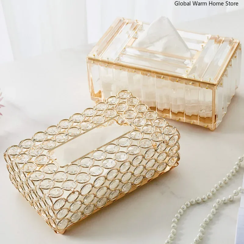 Crystal Tissue Box Nordic Fashionable Office Table Napkins Storage Box Bar Gold Diamond Holder Living Room Bedroom Decor Gift