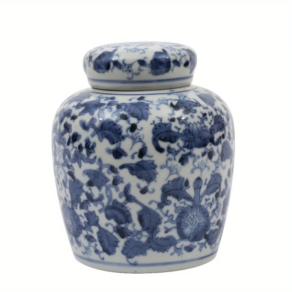 Tarro de jengibre de cerámica azul y blanco con tapa: patrones clásicos de cobalto, artesanía de cerámica lisa, decoración atemporal para estantes