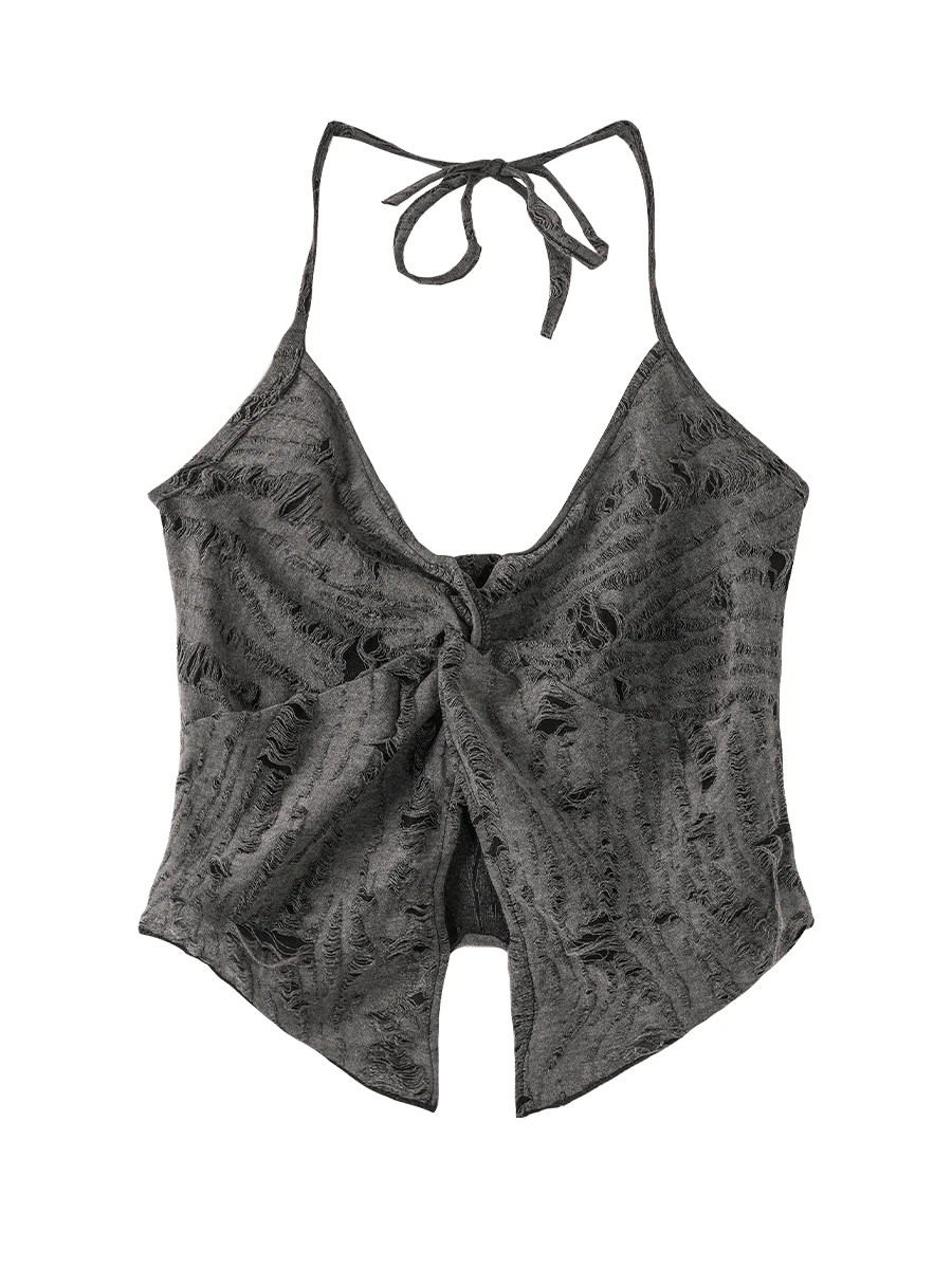 Solid Color Perforated Twisted Strap Frenulum Vest Fashionable Sweet Sexy Slim Fit Short Vest 2025 Summer New Women's Top