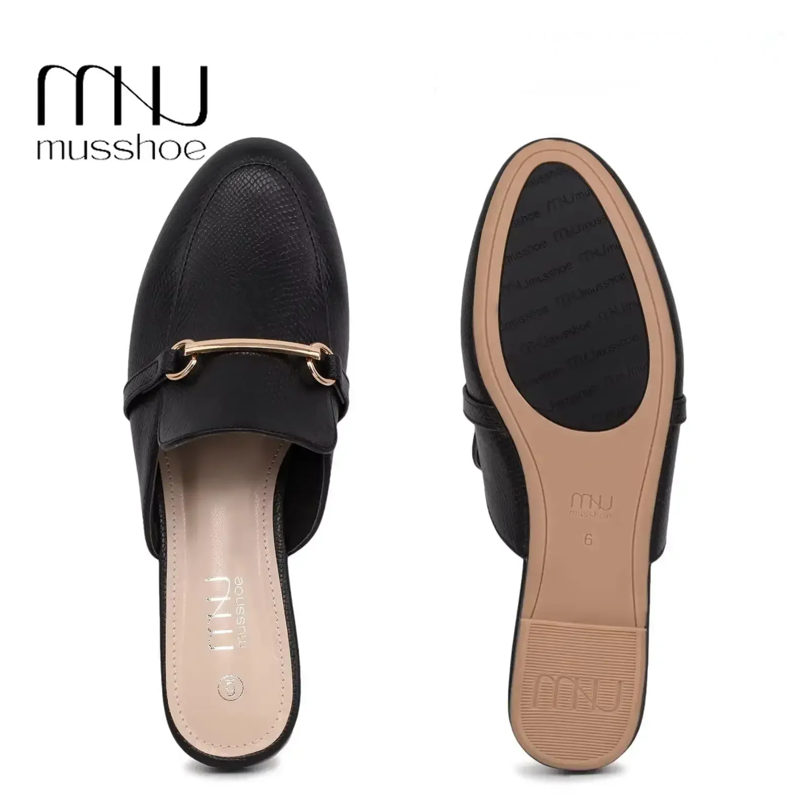 

MUSSHOE Women Round Toe Backless Outer Wear Flat Shoes Buckle Mules Backless Loafers Ladies Slip on Half-Drag Flat Mules