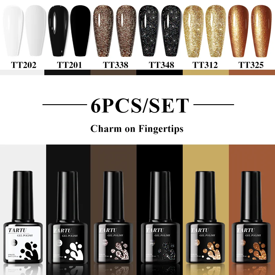 مجموعة طلاء أظافر جل مكونة من 6 قطع، طقم طلاء أظافر جل شبه دائم مكون من 6 ألوان باللون الأسود والأبيض والذهبي اللامع، طقم طلاء أظافر بالأشعة فوق البنفسجية/Led، مانيكير فن الأظافر