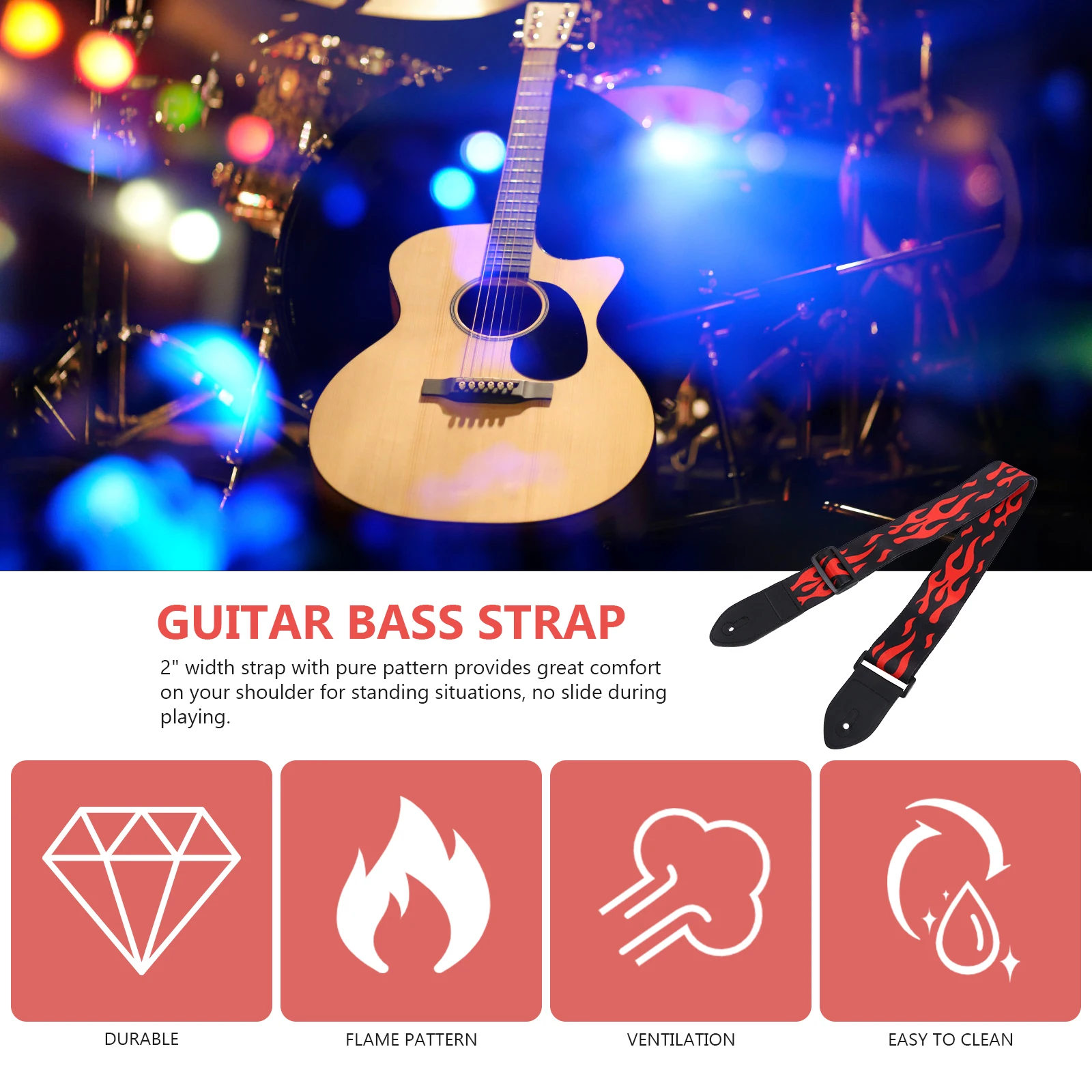 

Adjustable 2 Inch Flame Pattern Durable Ends Wide For Acoustic Bass Electric Comfortable Heavy Duty Compatible With All