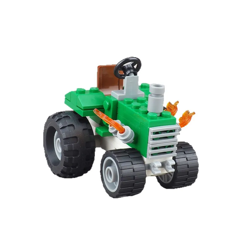 Mini modelo de trator de transporte, blocos de construção, montagem de veículo verde, equipamento de cena, peças de partículas pequenas, brinquedo
