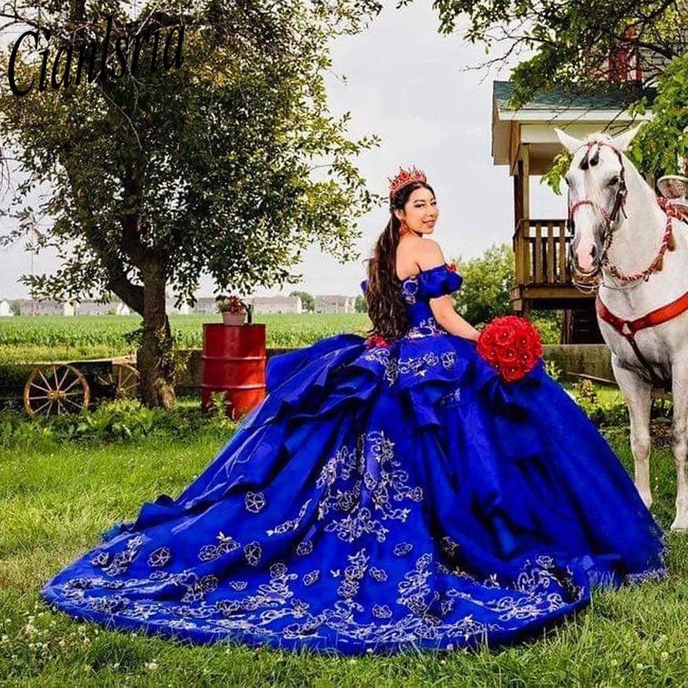 Royal Blue Quinceanera Dresses Ball Gown Off The Shoulder Seuqins Sparkle Appliques Mexican Sweet 16 Dresses 15 Anos