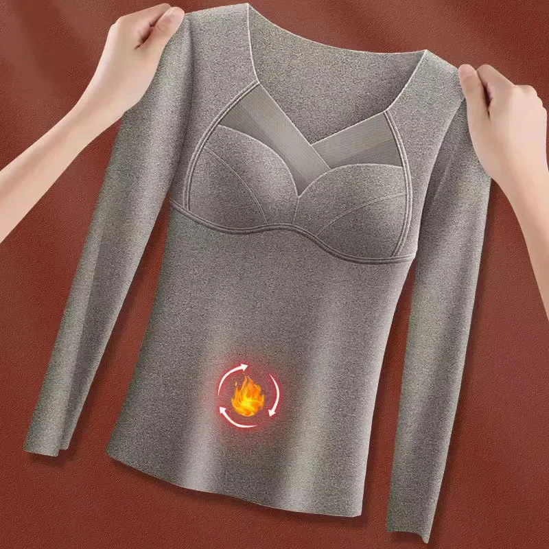 1pcs Women Autumn Winter Long-sleeved T-shirt Thermal Underwear Thick Top Plus Size Thermal Underwear With Chest Cushion