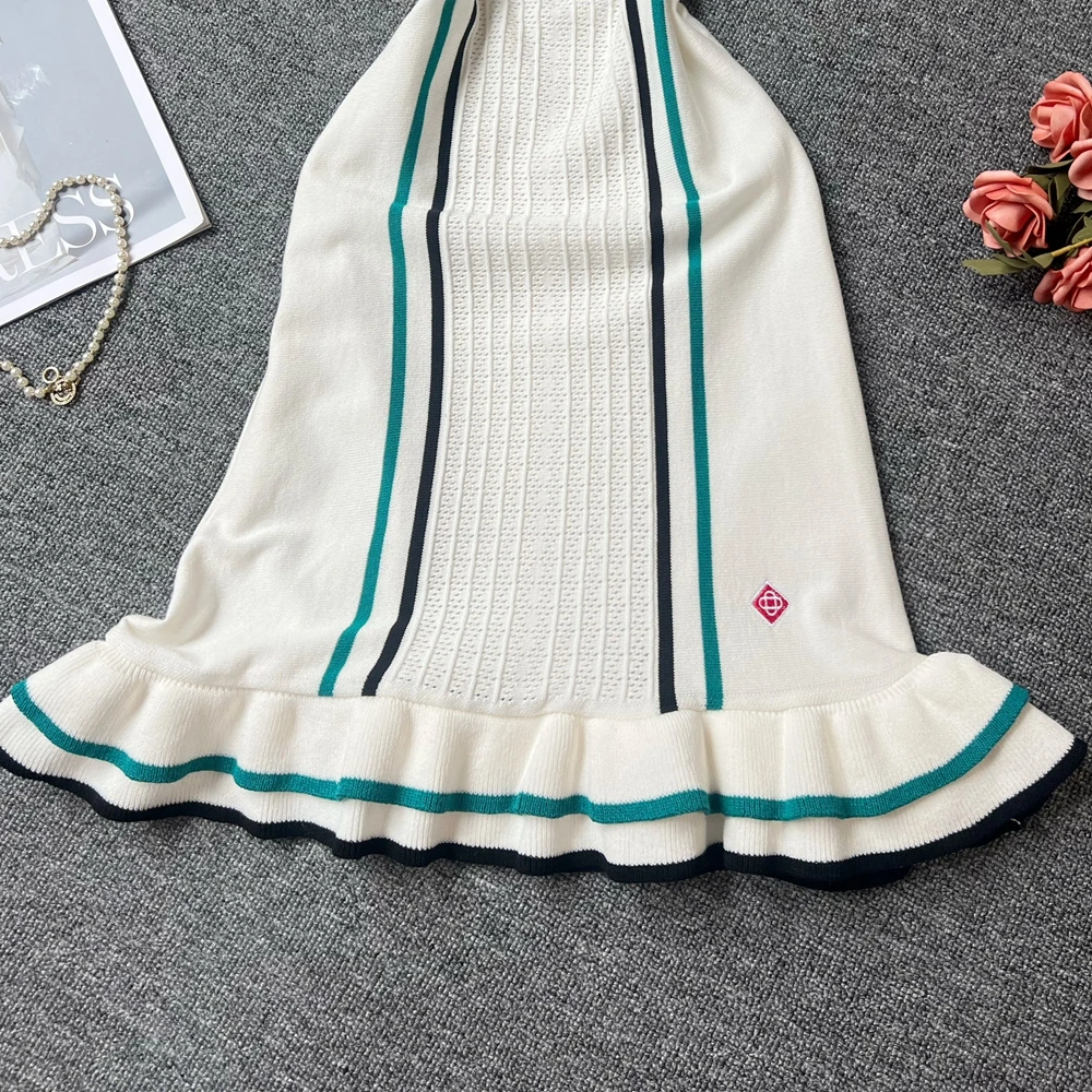 YuooMuoo Women Dress 2025 Summer Vintage Turn-down Collar Knitted Mini Dress Lady Slim Elastic Ruffled Bodycon Party Dress Robes image 5