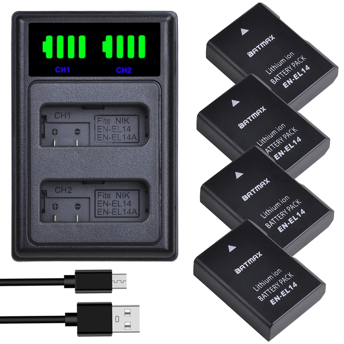 

Batmax EN-EL14 EN-EL14A EL14 Battery+LED USB Dual Charger for Nikon P7200 P7700 P7100 D5500 D5300 D5200 D3200 D3300 D3100