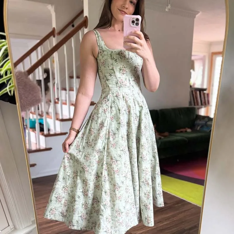 YENKYE 2025 Women Elegant A-line Midi Floral Print Sleeveless Dresses Square Neck Holiday Summer Robe Lace Up Bandage Back Dress