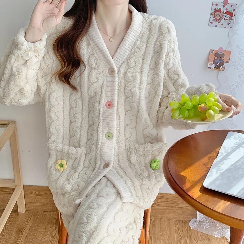 Winter Thicken Velvet Pajamas for Women Simple Warm Button Design Cardigan Girls Casual Outerwear Home Clothes Pants Set