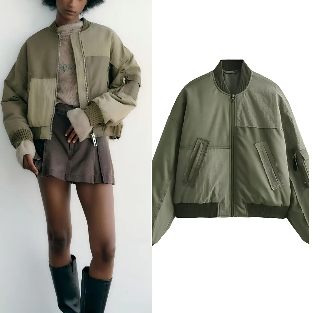 

Women's 2025 new zipper pocket decoration warm patchwork flight cotton jacket Coat retro long sleeved women's Coat chic top