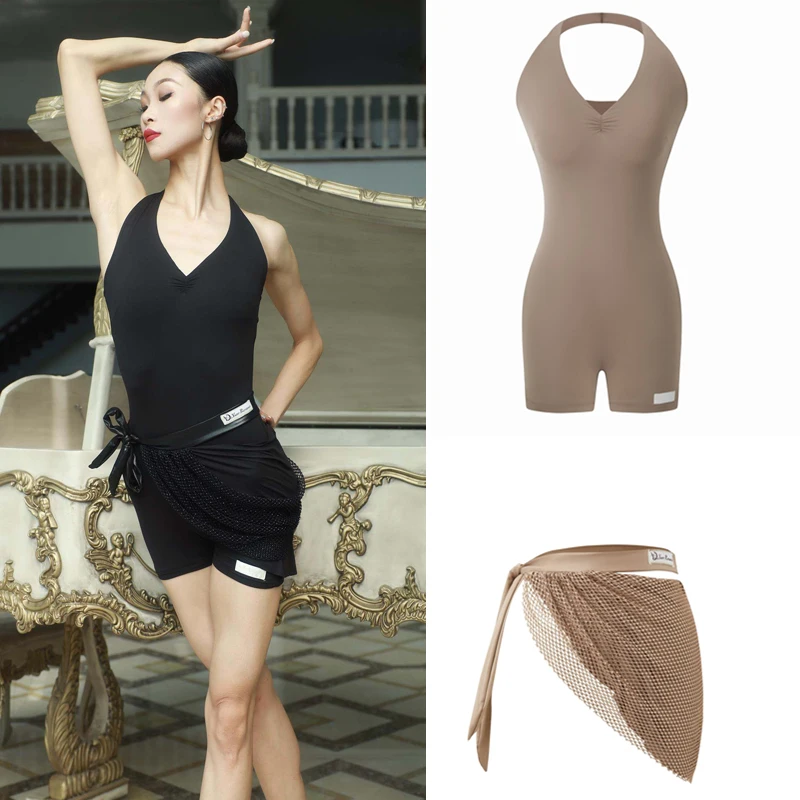 

Женская одежда для латинских танцев, сексуальный топ с лямкой на шее, юбка из ромбовидной сетки, костюмы для соревнований по бальным танцам для взрослых, SL13694