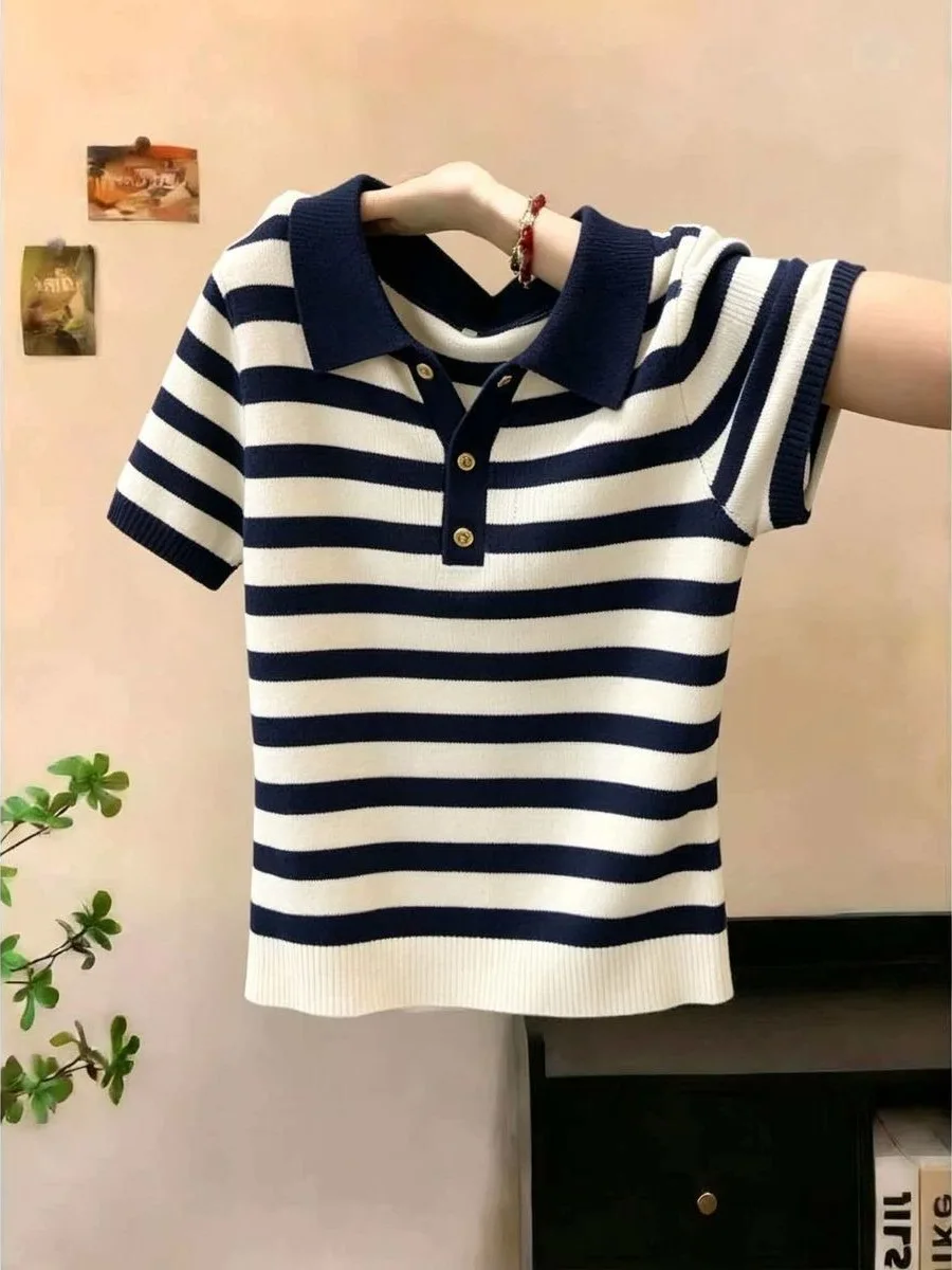 Loose Fit Summer Thin Ice Silk Short Sleeve Knitted T-Shirt Women's Casual Style Stripe Pattern Button Placket Top
