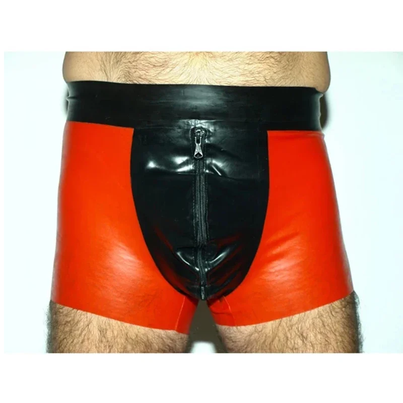 Latex Shorts Rubber Boxer Briefs Black with Red with Front Crotch Zipper Underwear Pants Club Wear Costume Handmade