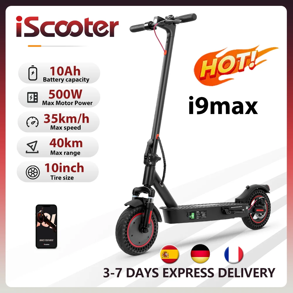 IScooter-Trottinette Électrique i9max, 36V, 10Ah, 500W, Autonomie de 30 à 40km, Suspension Touriste, Vitesse de 15 à 35 km/h, 10 Pouces, avec Application