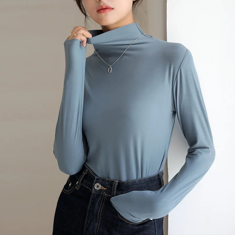 Women Mock Neck Pullover Tops Spring Soft Casual Solid Thin Women Long Sleeve Pullovers Female Slim Inner Tops