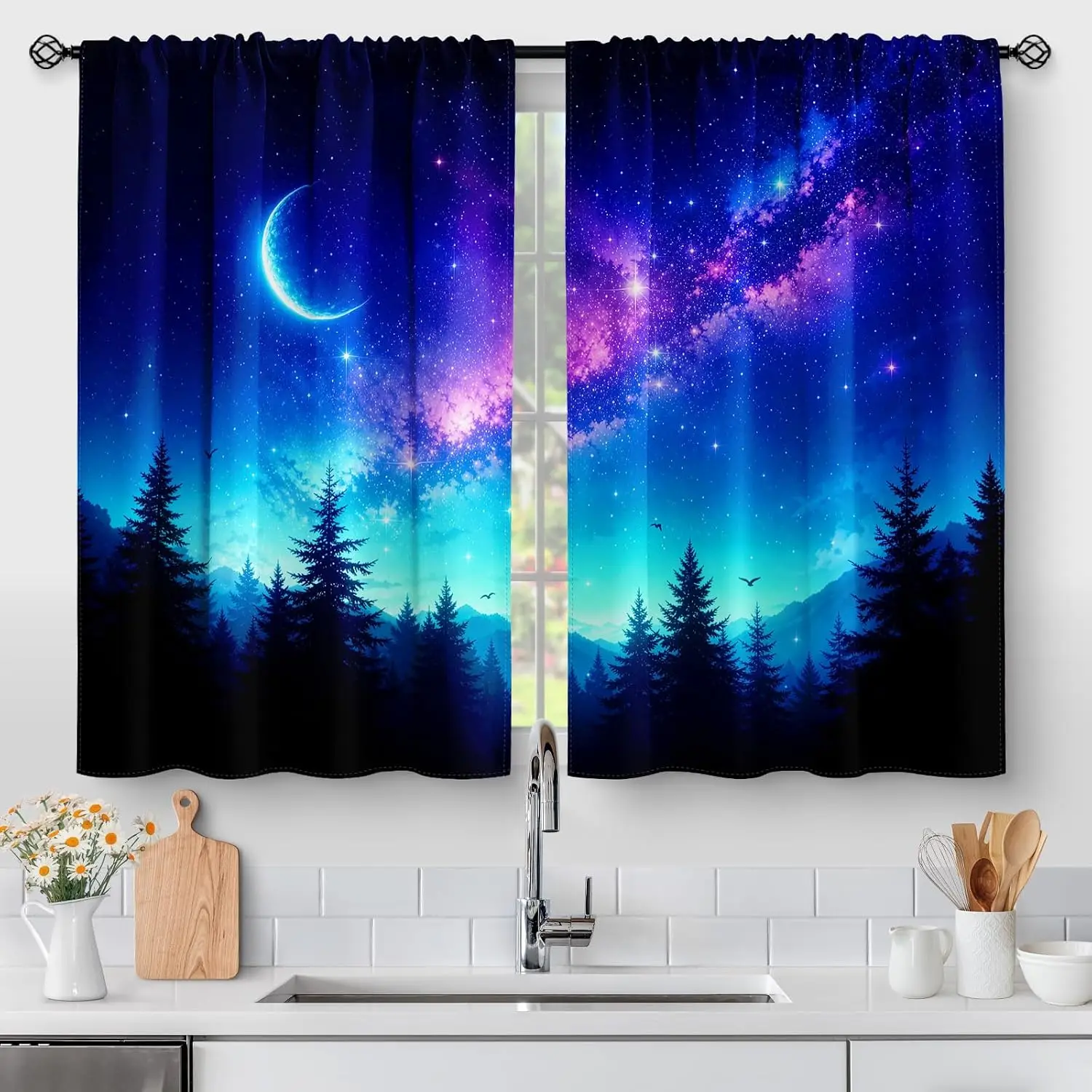 Aesthetic Galaxy Starry Night Curtain Celestial Forest Blue Moon Nebula Space Window Drapes Home Decoration Bedroom