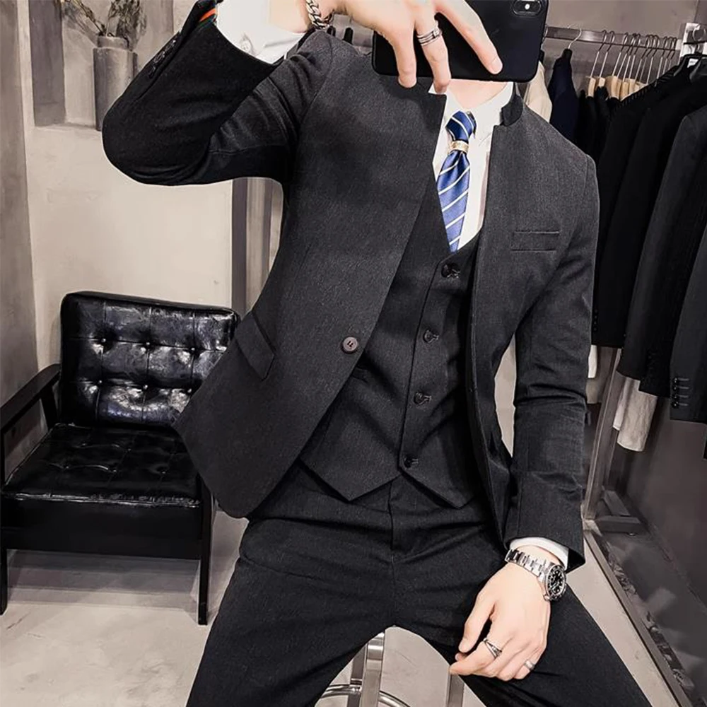 

British Style Casual Suit Men's Suit Trend Plankton Handsome Suit Three-piece Stand Collar Zhong Shan Suit Men's Coat