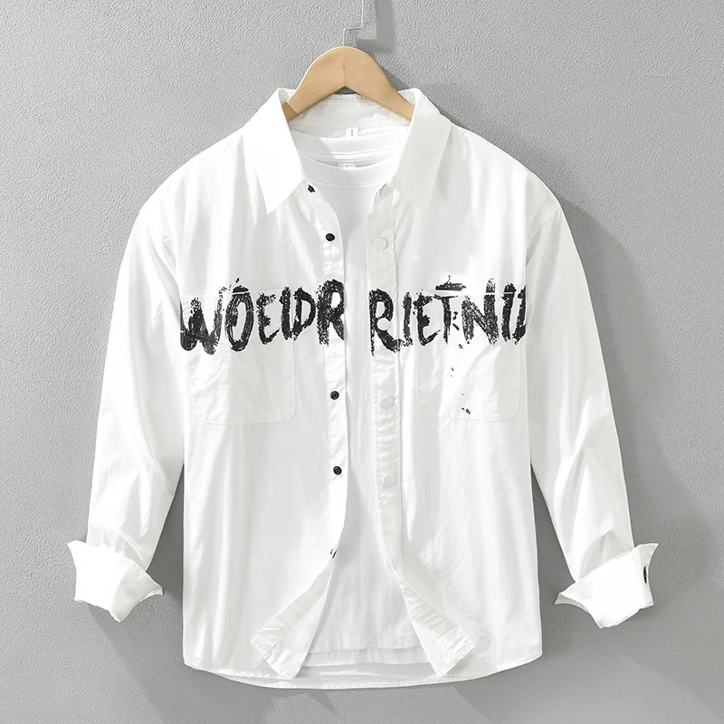 

Korean Fashion Long Sleeve Black Shirt Men Youth Streetwear Letter Printed Shirt Casual Pure Cotton Comfort Tops Loose Shirts