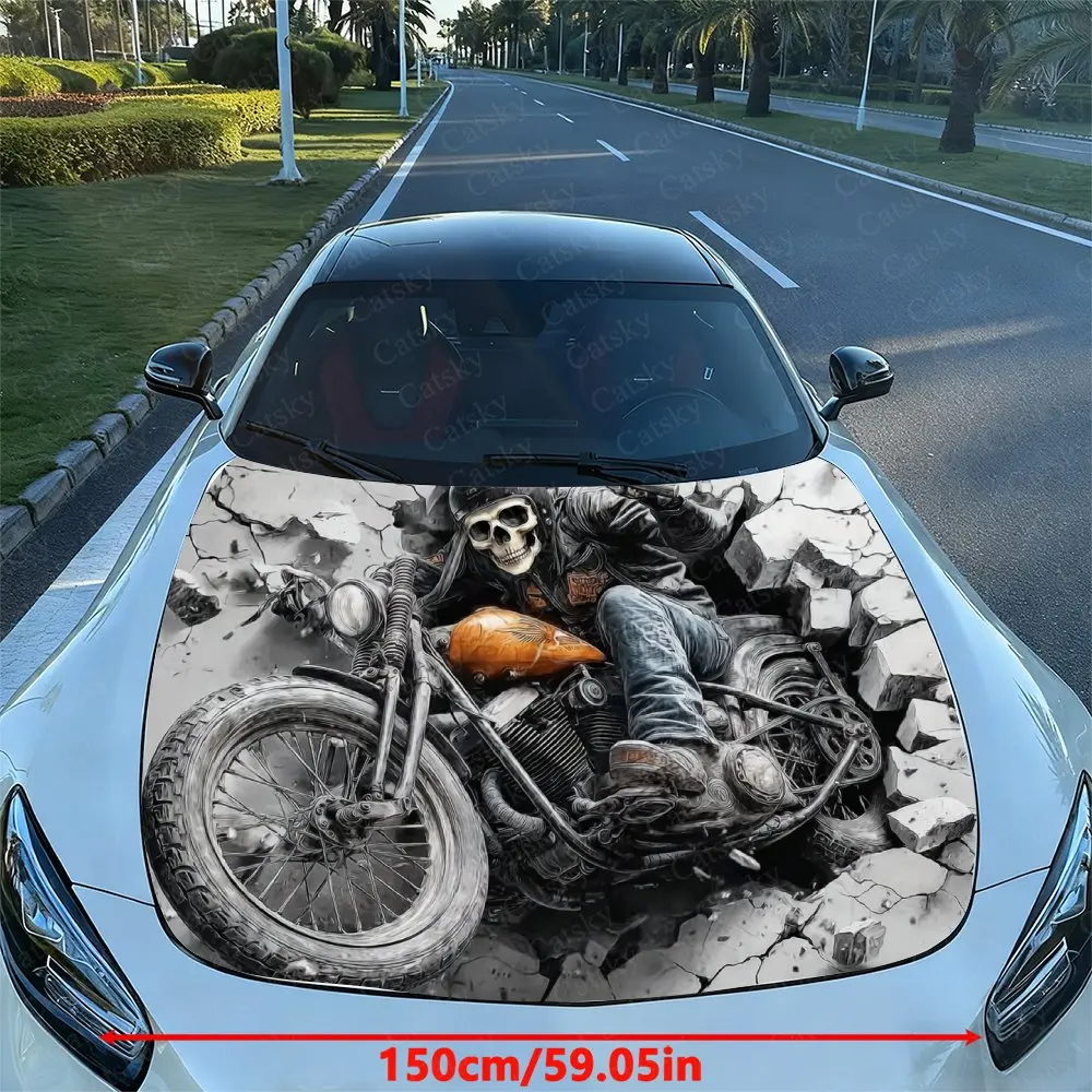Retro Motorcycle And Skeleton Pattern Car Hood Sticker, PVC Waterproof Self-adhesive Wear-resistant Body Film, Truck And Sedan S