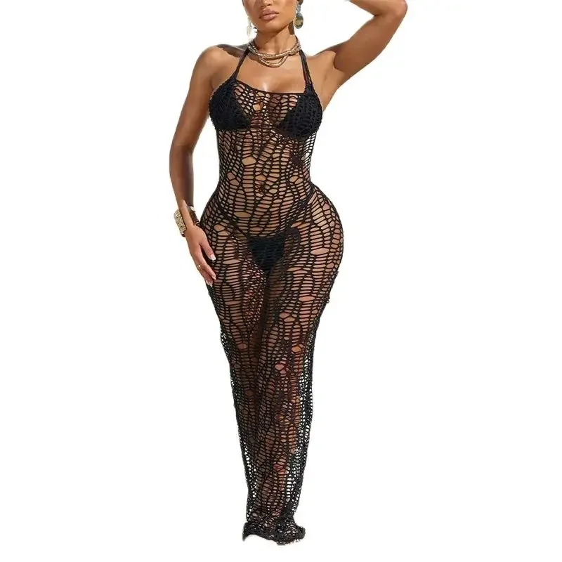 Women Holiday Beach Three Piece Sets Sexy Hanging Neck Mini Bras Thong Hollow Out Mesh Backless Lace-up Dresses New Female Suits
