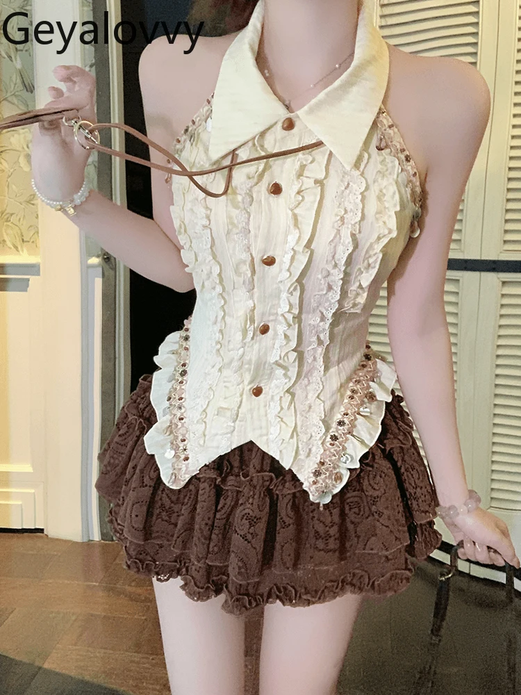 

Bohemian Style Single-Breasted Slim Fit Top Halter Neck Ruffled Sleeveless Shirt Women's High-End Lace Jacquard Short Skirt Set