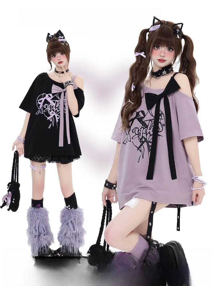 Crazygirl Original Light Asian Girl Design  Knot Shoulder Bared Loose T-Shirt Summer Casual Style Short Sleeve Women...