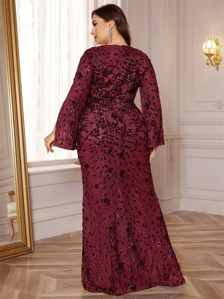 Lucyinlove Plus Größe Luxus Schwarz Abendkleider Frauen Schlitz Langarm Meerjungfrau Formale Pailletten Hochzeit Party Cocktail Kleider – Detail 32