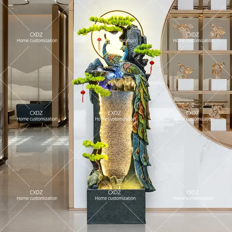 Floor to Ceiling Rockery Peacock Flowing Water Fountain Circulating Water Feature Wealth Attracting Landscape Ornament for