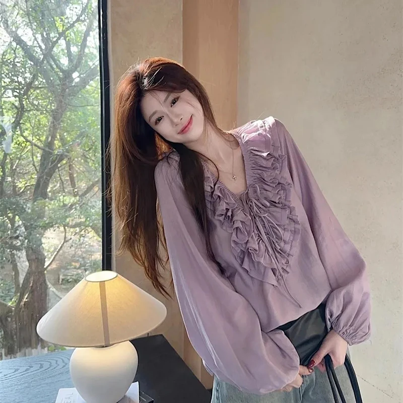 

French Sweet Ruffled Blouse Women Elegant Chiffon Long Sleeve V Neck Shirt Chic Y2K Loose Casual Fashion Spring Fall Top