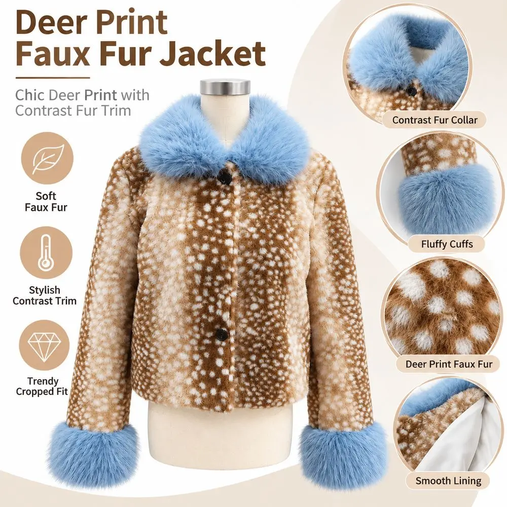 New Deer Print Faux Fur Jacket Contrast Fur Collar Texture Cropped Outerwear Long Sleeve Fluffy Cuffs Winter Coat Streetwear