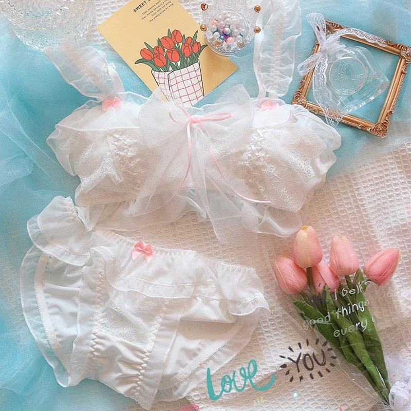 Japanese Soft Girl Bras Lingerie School Student Lolita Underwear Mesh Ruffles Pink Bow Sweet Intimate Fairy Bra and Panty Set