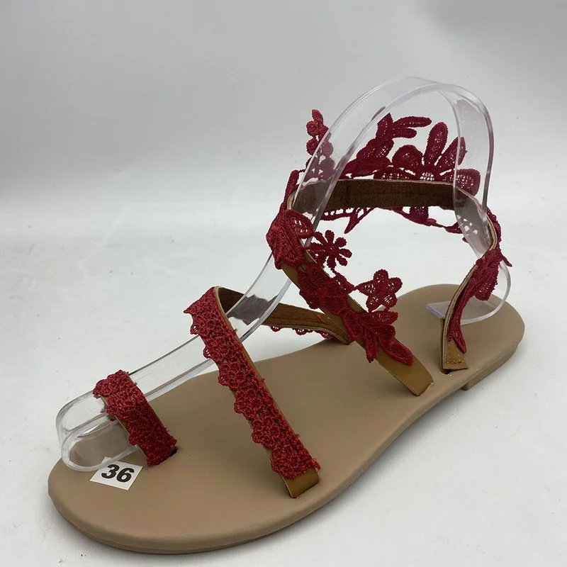 

2022 Women Flat Shoes Summer Bohemian Gladiator Roman Sandal Lace Straps Floral Style Sandalida Mujer White Female Beach Shoes