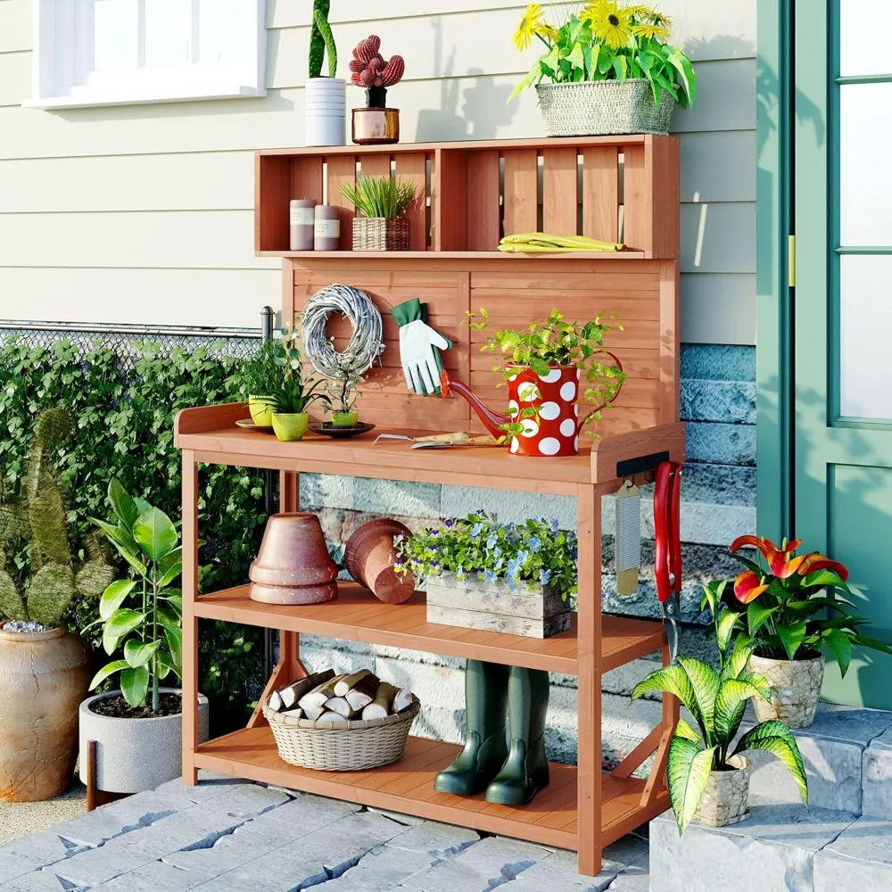 Large Wooden Farmhouse Rustic Outdoor Patio Workstation Potting Bench Table with 4 Storage Shelves and Side Hook-Natural,Natrual