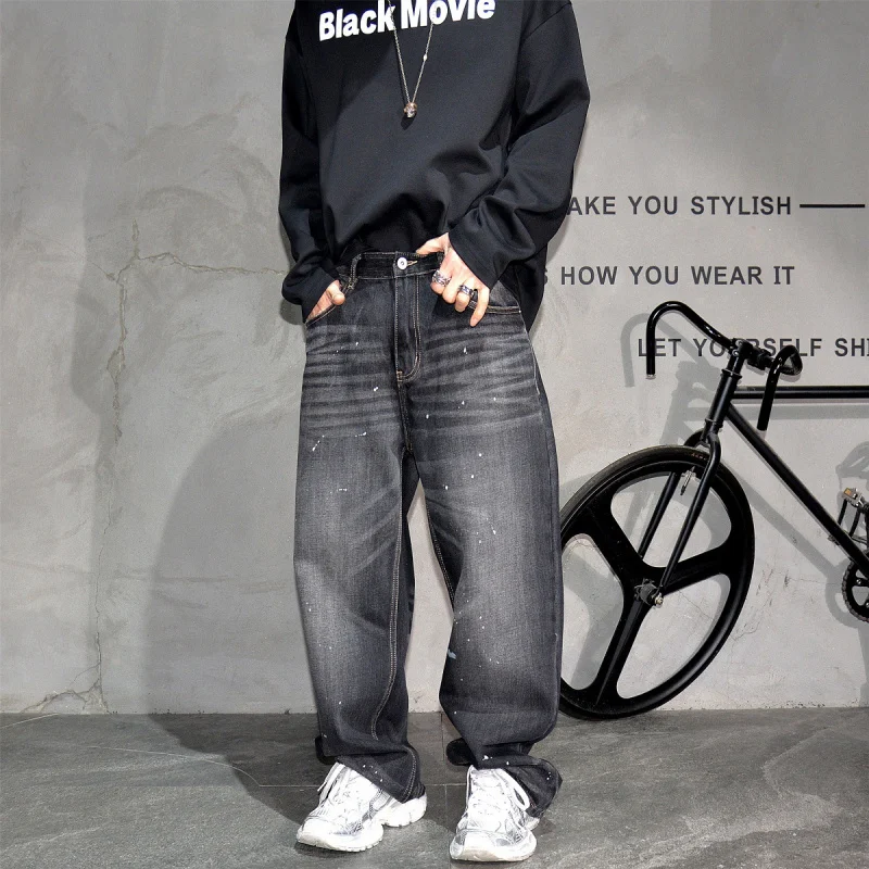 Retro Washed Black Loose Straight Jeans for Men, American Streetwear Casual Versatile Denim Trousers