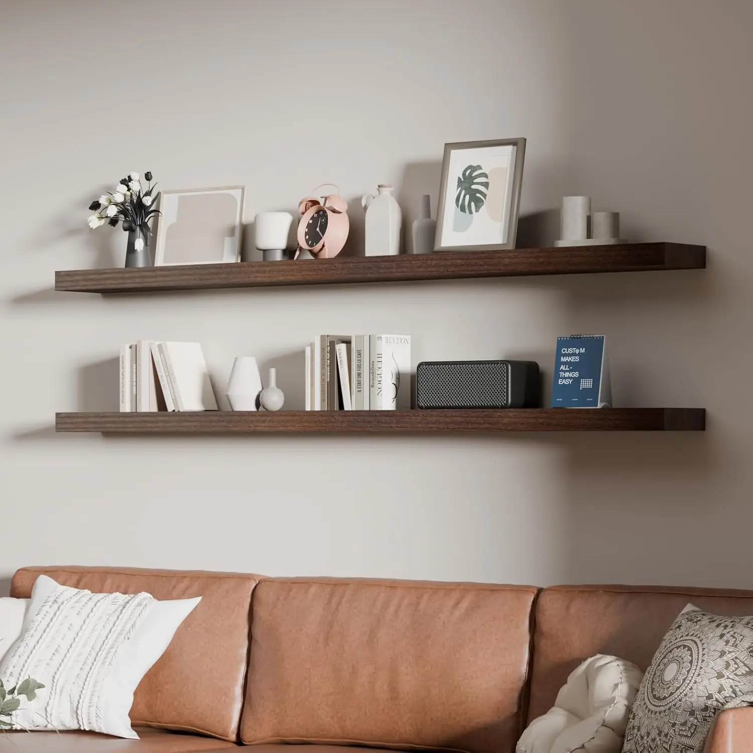 Floating Shelves Set For Wall, Extra Long Solid Wood Wall Mounted Storage Display Rack Organizer For Living Room Bedroom Bathroom Laundry Room, Farmhouse Rustic Decor, Walnut Finish, Set Of 2
